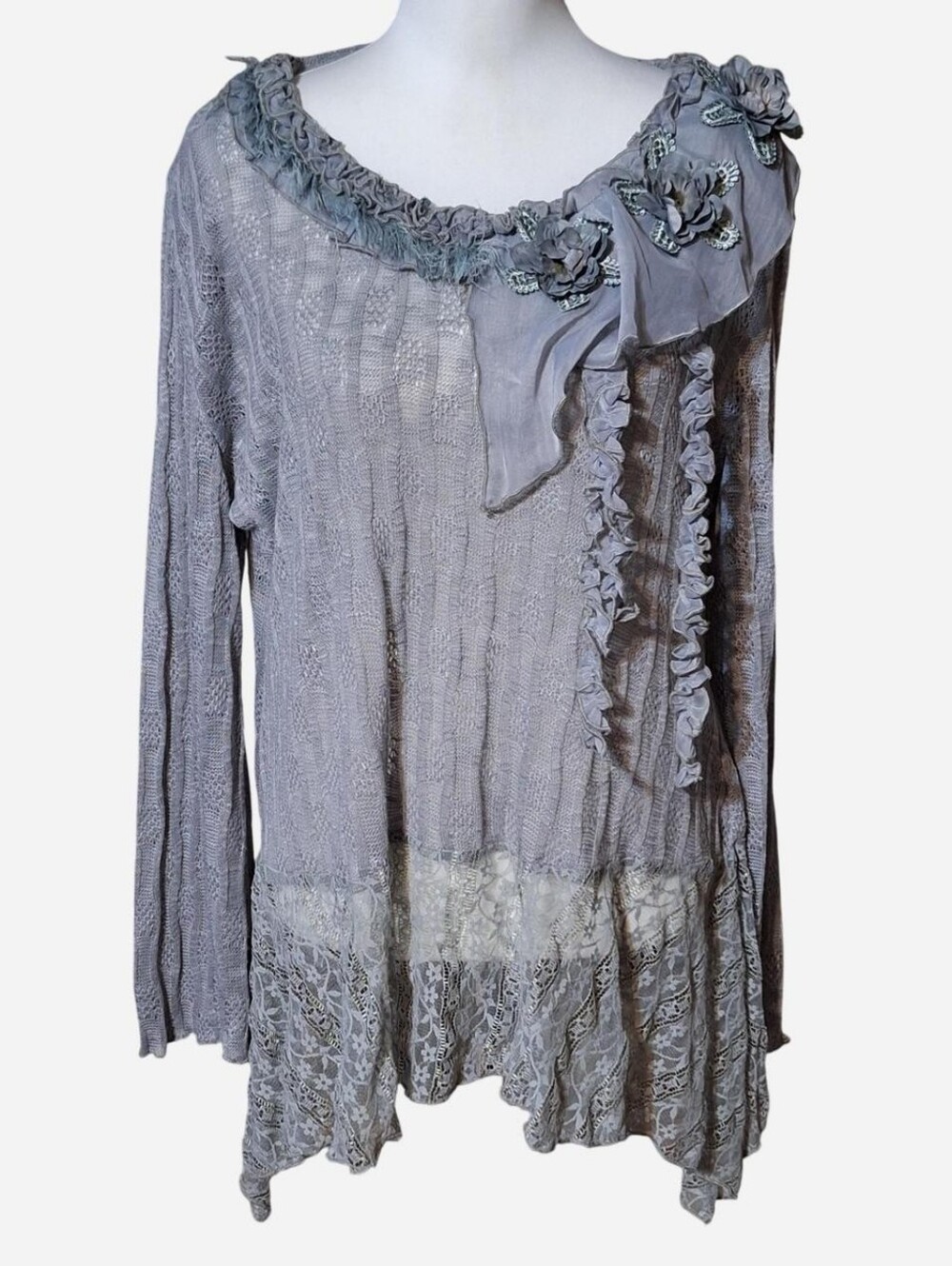 Zba Womens XL Asymmetric Lace Blouse Whimsigoth Boho Lagenlook 3D Floral 90s